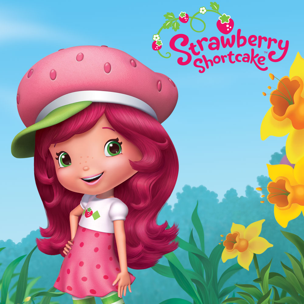 一个粉红色头发白皮肤的小姑娘站在花园里，身边是黄色的花朵。